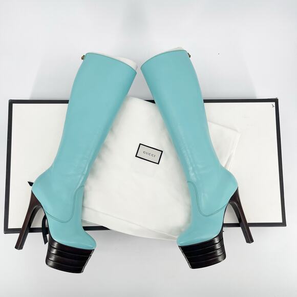NWB Gucci Aquamarine Teal Angel Feline Head Platform Knee High Boot EU 37 - Picture 1 of 16